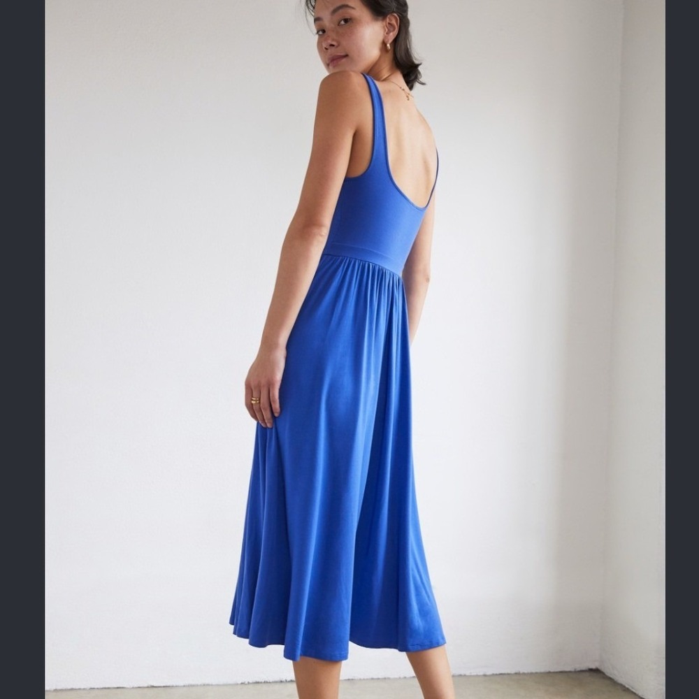 NEW Wilfred Market Midi Dress Size S Summer Night Blue A-line Squareneck Pockets